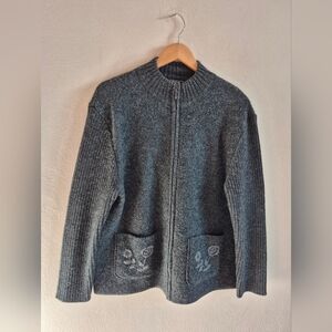 100% Boiled Wool Jacket By Rino Rossi Size Large Dark Grey Floral Embroidery